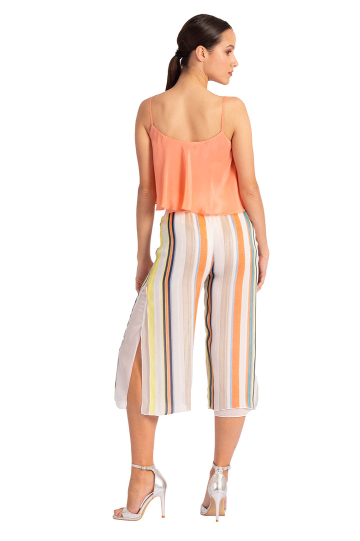 Two-layer Pastell Color Striped Cropped Culottes With Slits