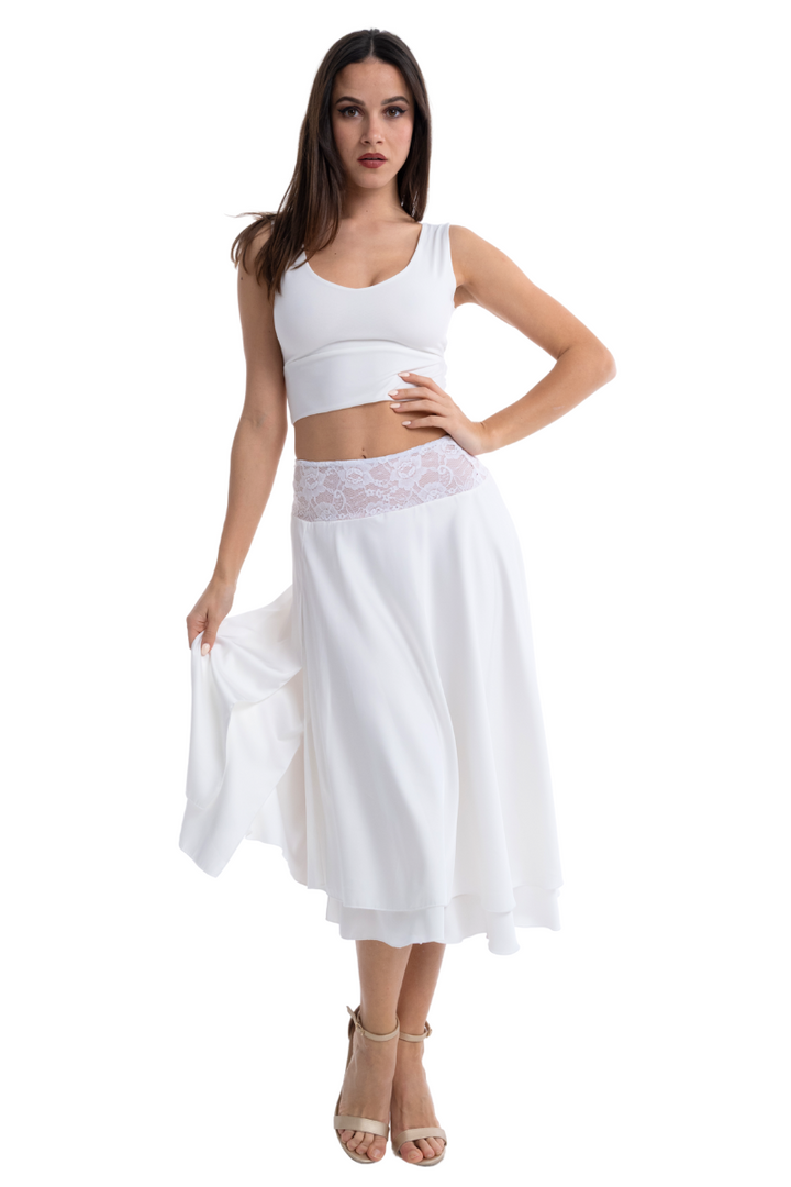 Two-layer Satin Dance Skirt With Lace Waistband