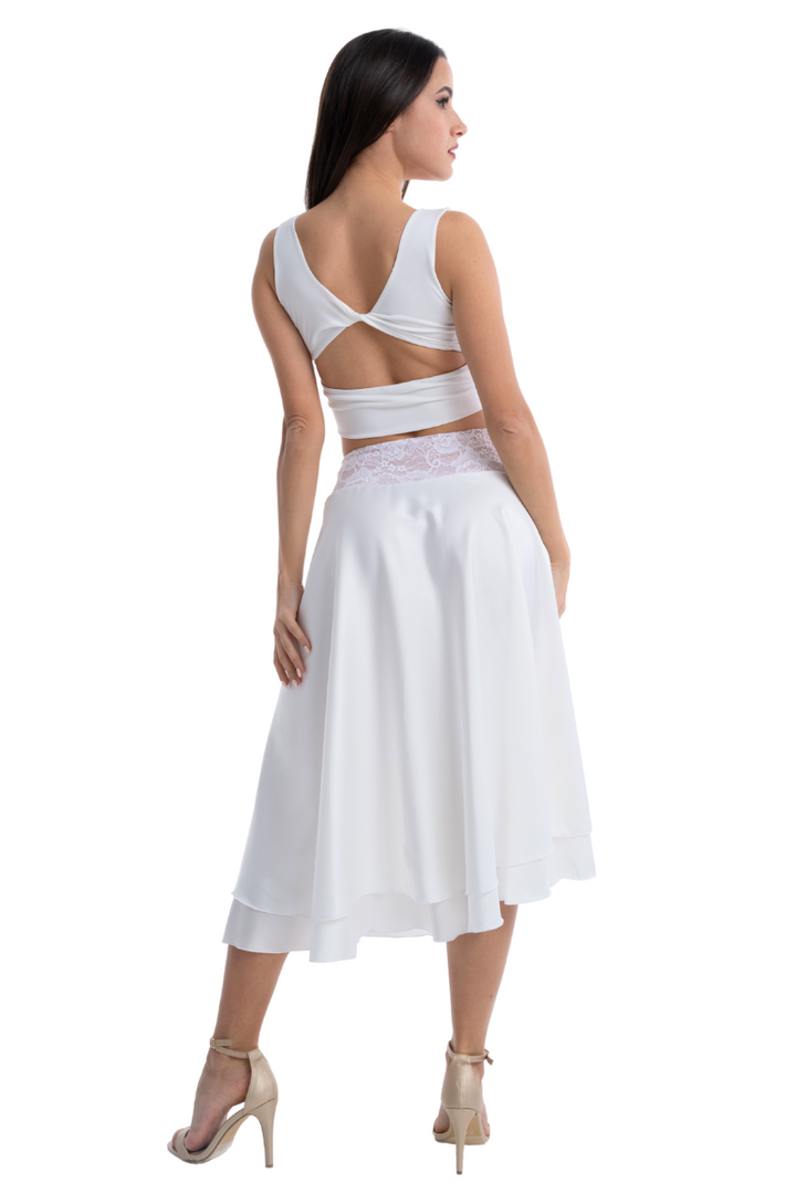 Two-layer Satin Dance Skirt With Lace Waistband