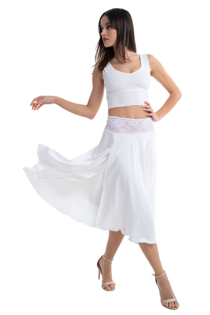 Two-layer Satin Dance Skirt With Lace Waistband