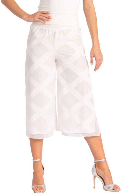 Two-layer White 3D Refief Cropped Culottes With Slits