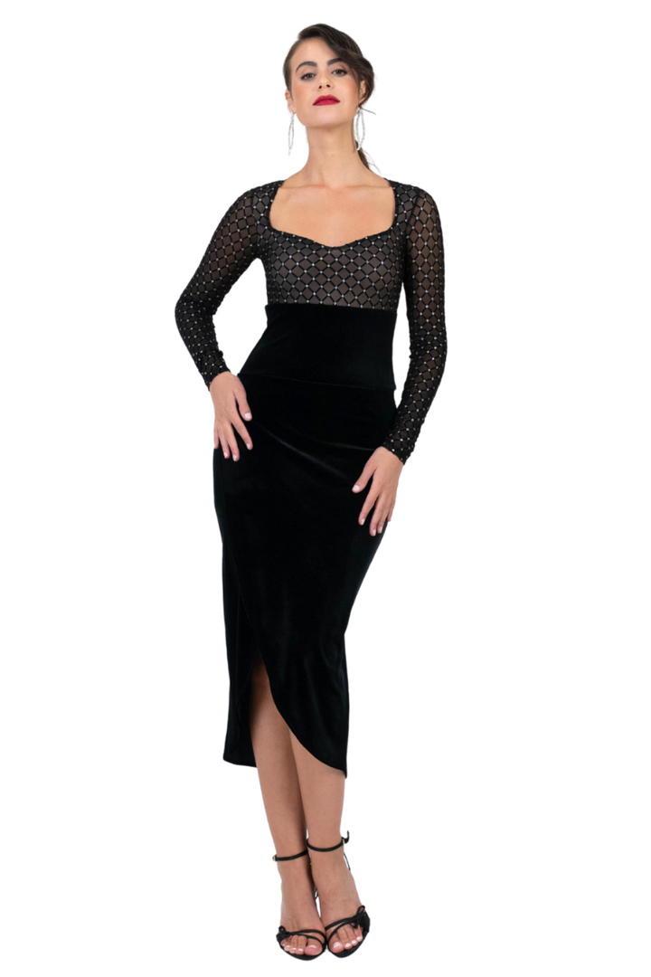 Velvet Wrap Dress With Sparkling Mesh & Curved Slit