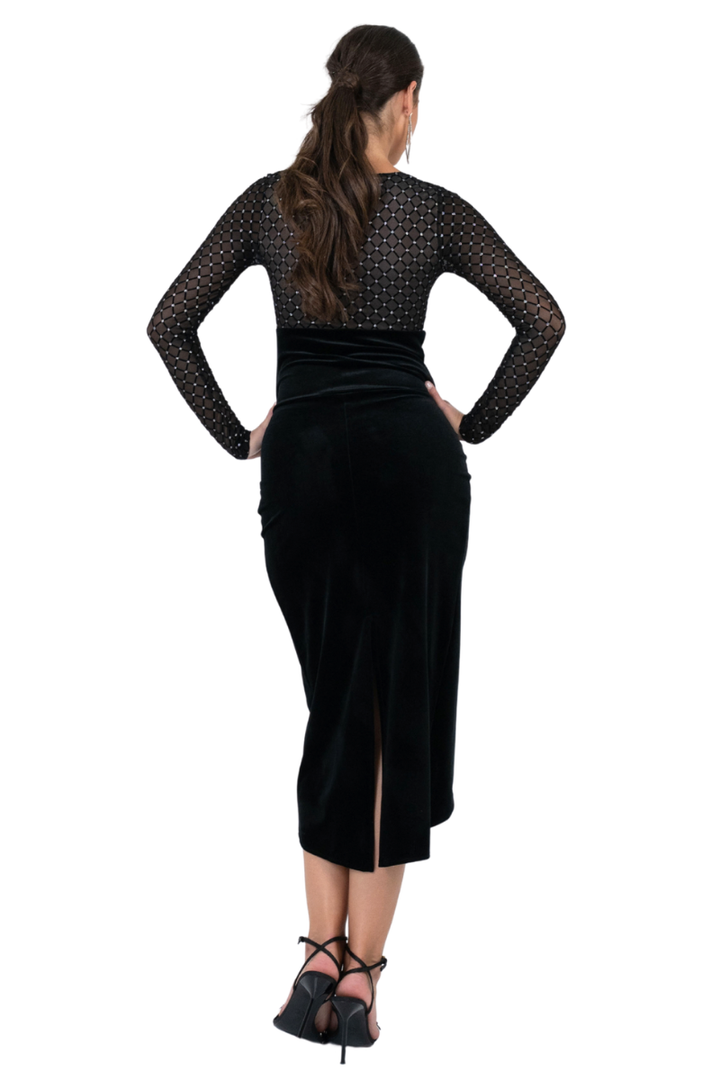 Velvet Wrap Dress With Sparkling Mesh & Curved Slit