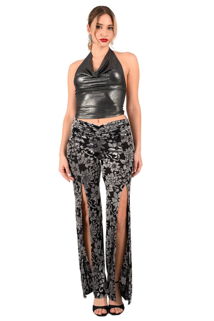 Velvet Floral Print Tango Pants With Slits