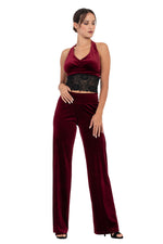 Load image into Gallery viewer, Velvet Halter-neck Tie Crop Top with Black Lace