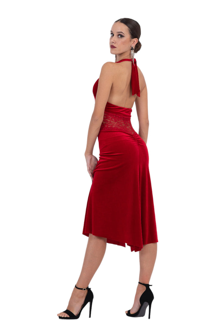 Velvet Halter Neck Tango Dress With Lace Waist conDiva Velvet Halter Neck Tango Dress With Lace Waist conDiva