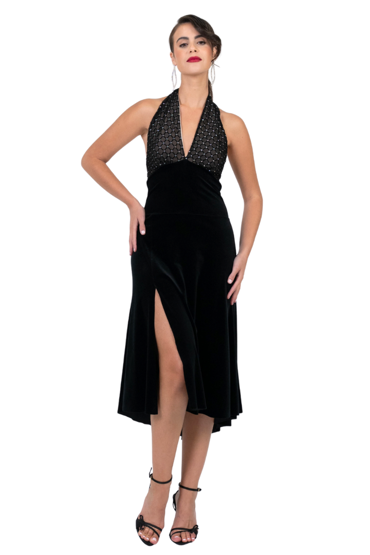 Velvet Halterneck Tango Dress with Sparkling Mesh