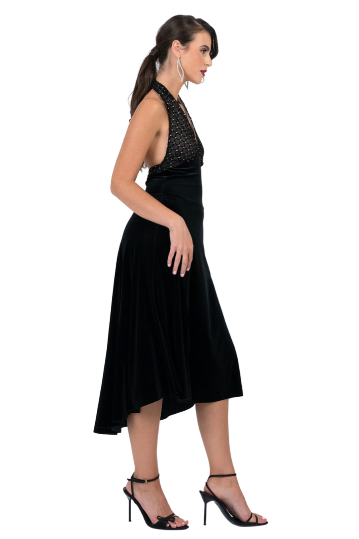 Velvet Halterneck Tango Dress with Sparkling Mesh