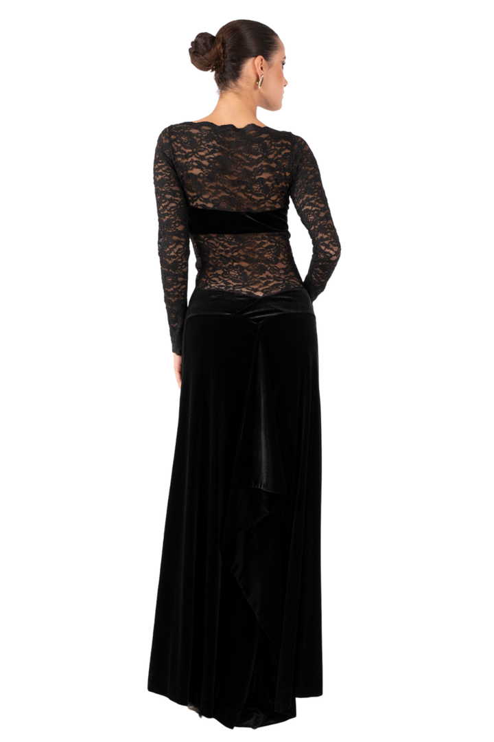 Black Velvet & Lace Maxi Dress With Back Movement
