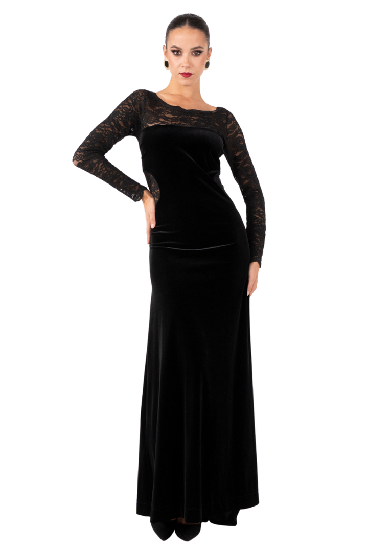 Black Velvet & Lace Maxi Dress With Back Movement – conDiva