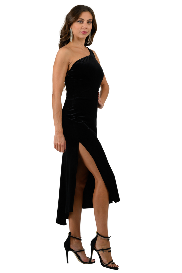 Velvet One-Shoulder Tango Dress With Strappy Back | conDiva Velvet One-Shoulder Tango Dress With Strappy Back | conDiva