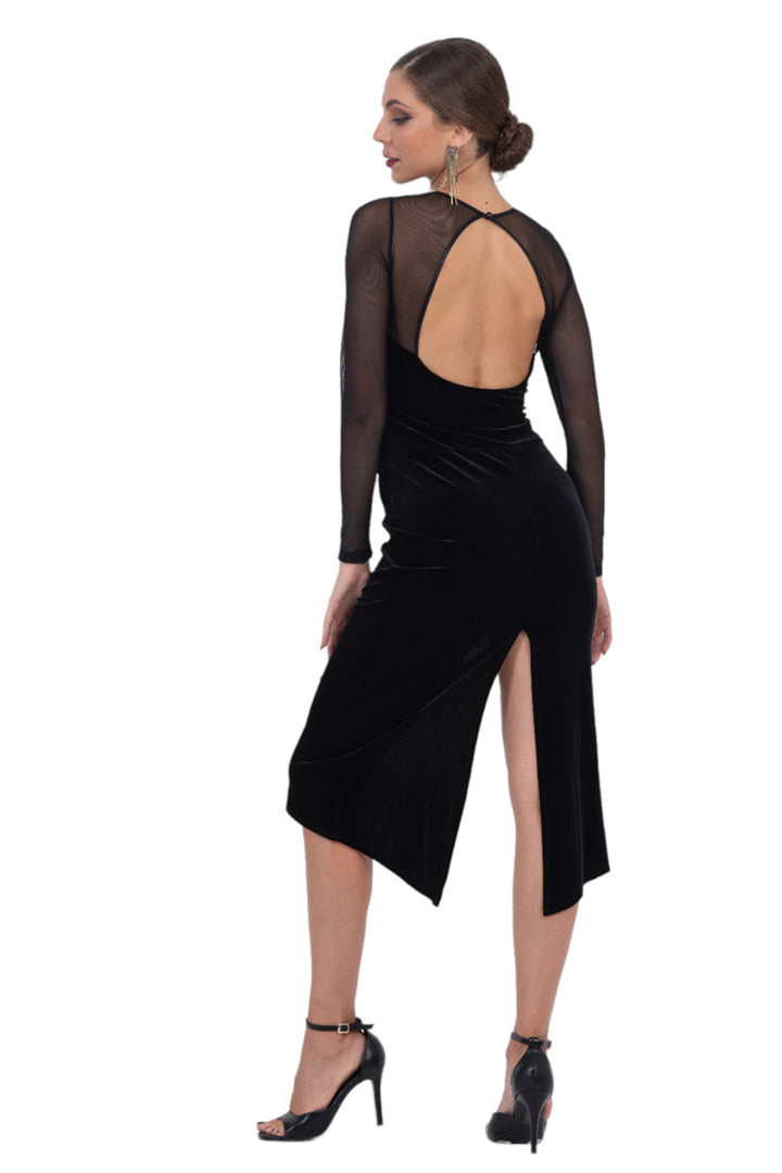 Velvet Open Back Tango Dress With Mesh Dcolletage & Sleeves Velvet Open Back Tango Dress With Mesh Dcolletage & Sleeves