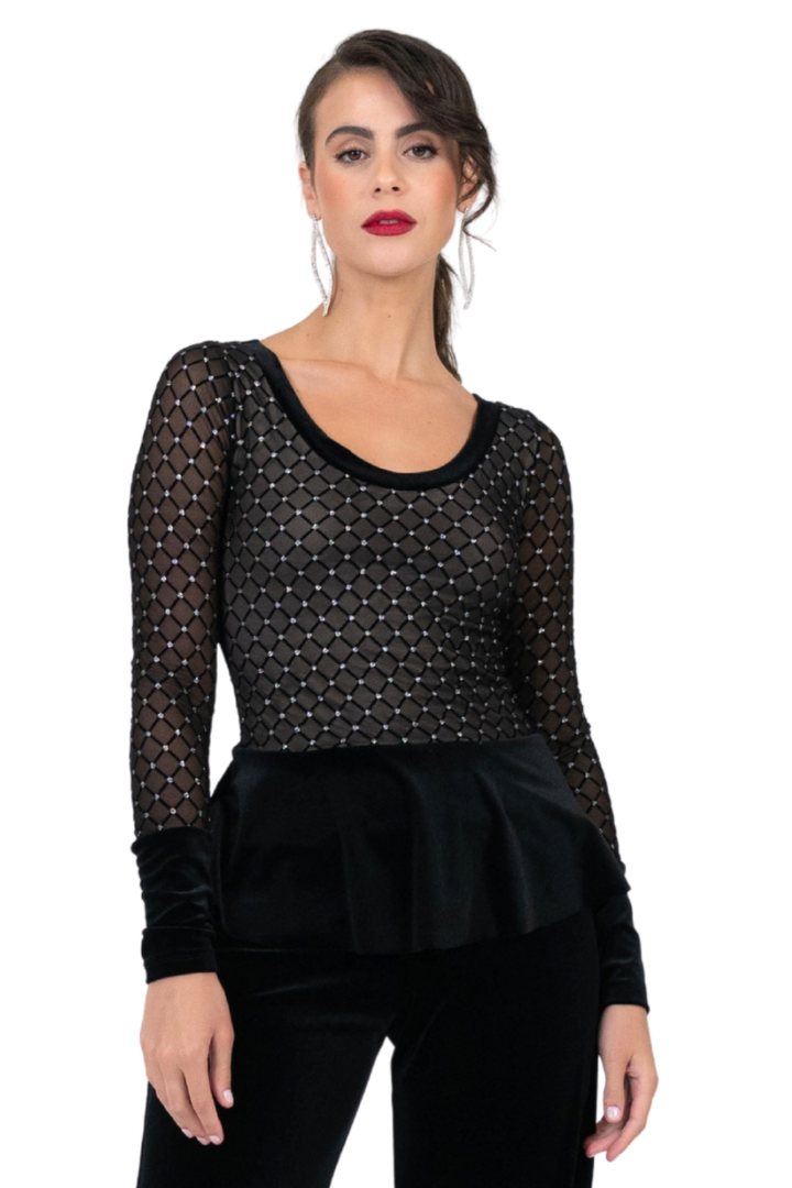 Velvet Peplum Top with Sparkling Mesh