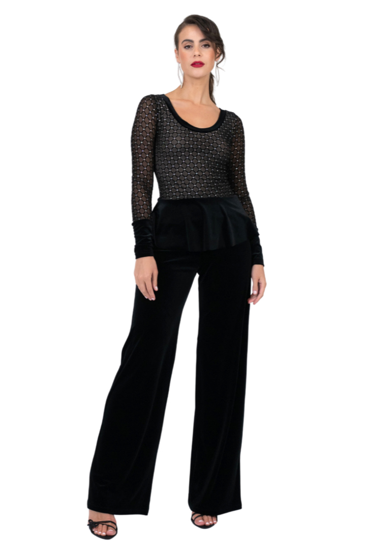 Velvet Peplum Top with Sparkling Mesh
