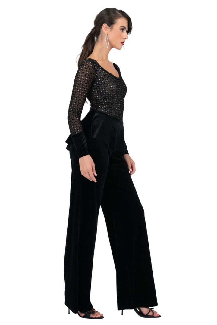 Velvet Peplum Top with Sparkling Mesh