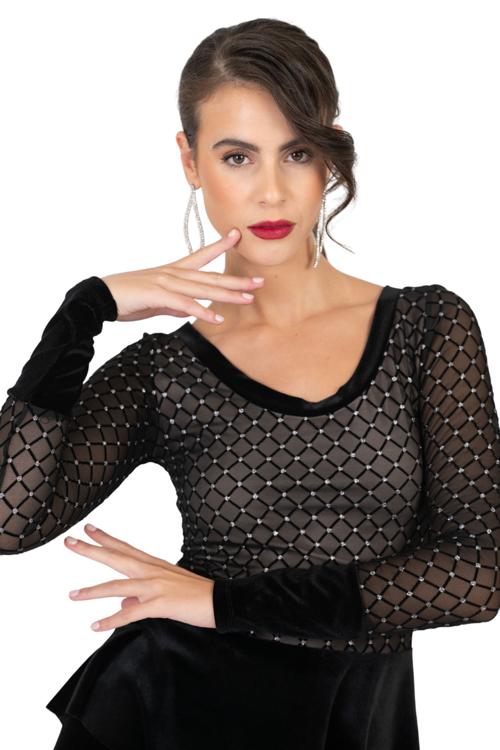 Velvet Peplum Top with Sparkling Mesh