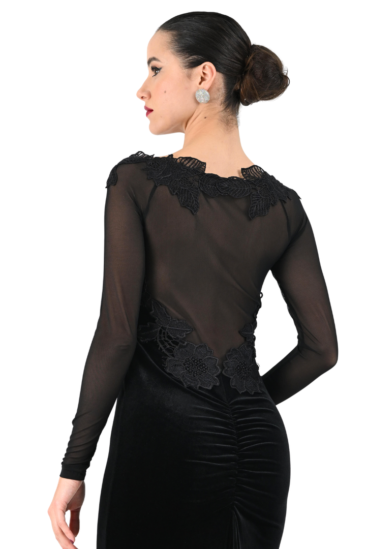 Velvet Fishtail Tango Dress With Mesh & Lace Applique