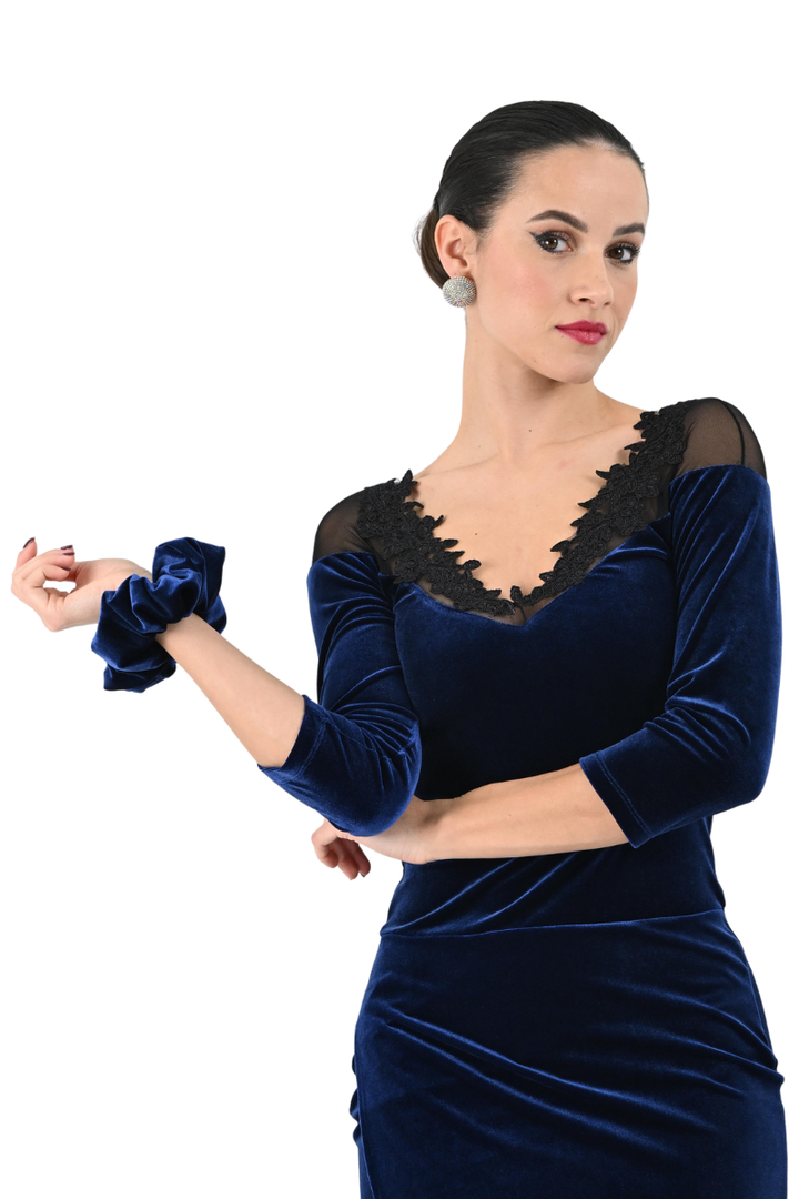 Velvet Tango Dress with Mesh & Lace Appliqué Décolleté