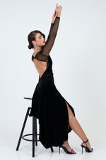 Load image into Gallery viewer, Velvet Tango Dress with Polka Dot Mesh &amp; Open Back