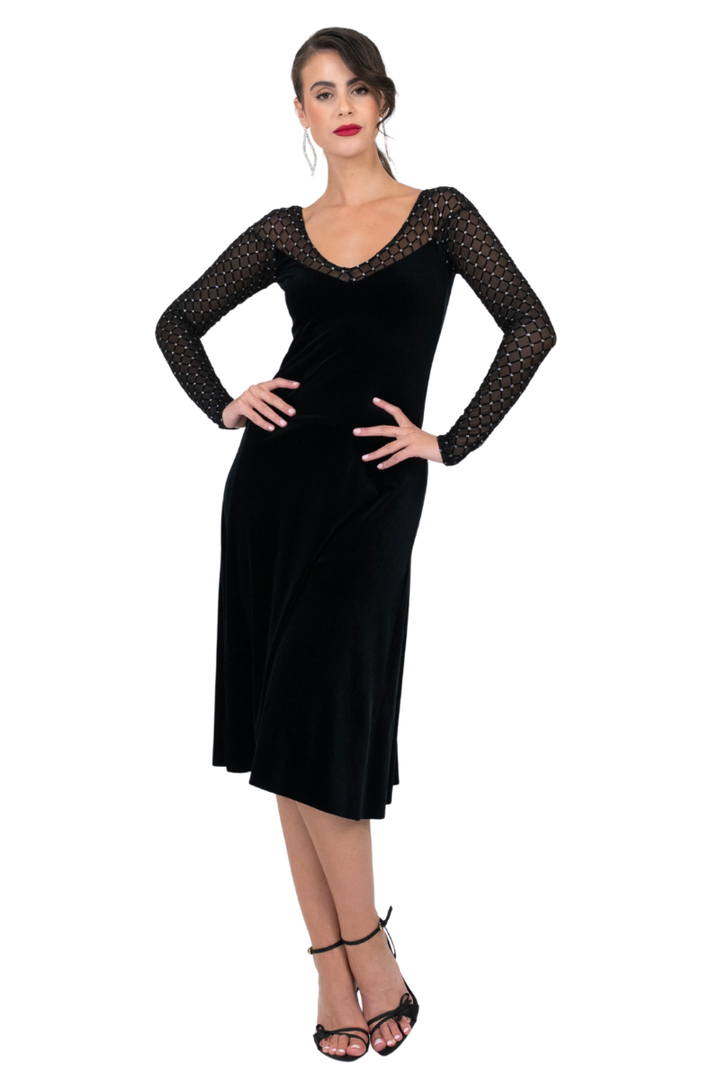 Velvet Tango Dress with Sparkling Mesh & Asymmetric Draping