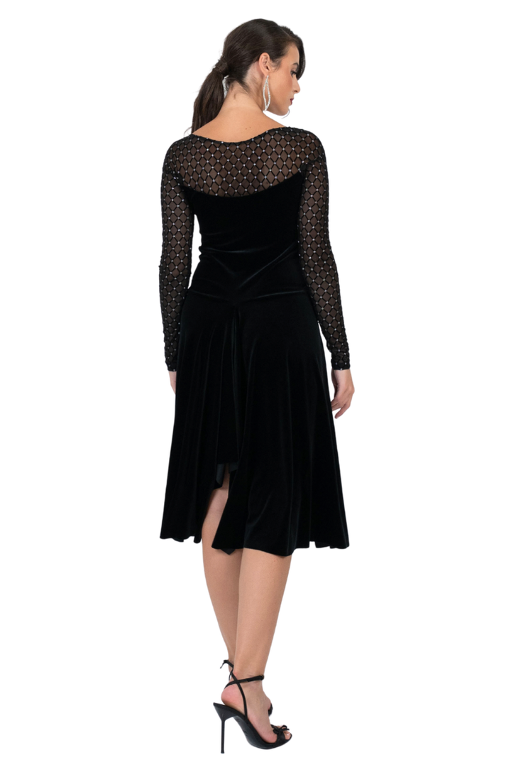 Velvet Tango Dress with Sparkling Mesh & Asymmetric Draping