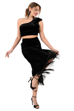 Load image into Gallery viewer, Velvet Wrap Effect Dance Skirt With Fringe
