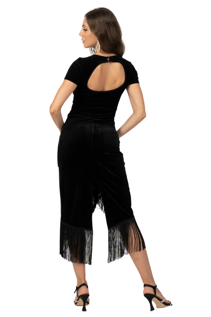 Velvet Wrap Tango Dress With Fringe & Cutout Back