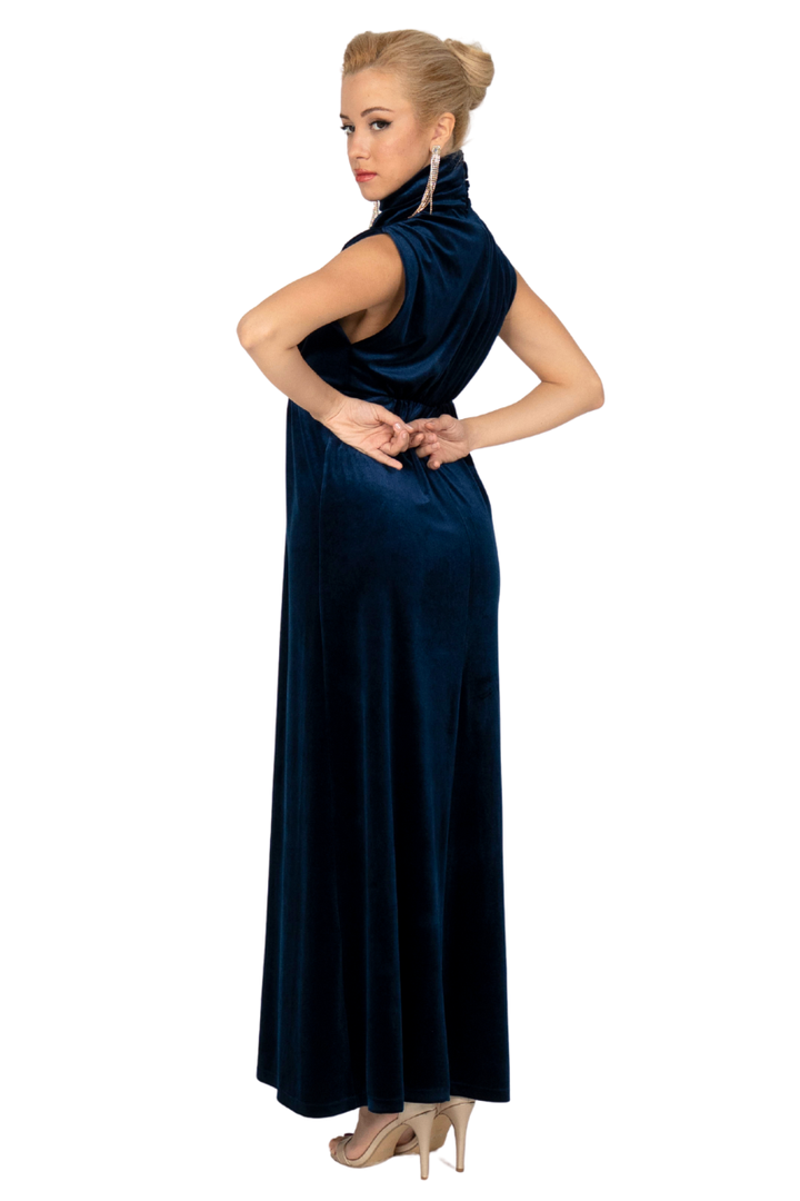Velvet High Neck Maxi Dress With Gatherings