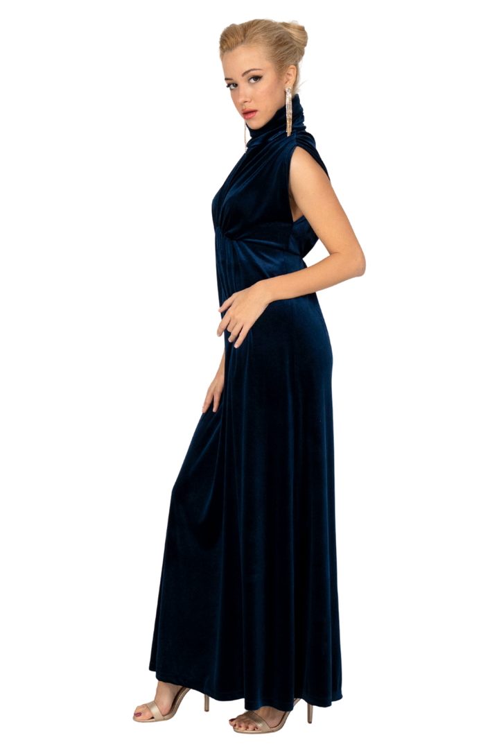 Velvet High Neck Maxi Dress With Gatherings