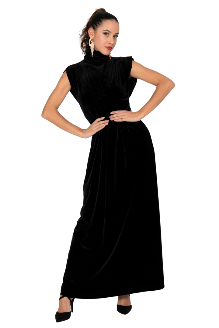 Velvet High Neck Maxi Dress With Gatherings (S) (Dark Blue Velvet,Blac conDiva Velvet High Neck Maxi Dress With Gatherings (S) (Dark Blue Velvet,Blac conDiva