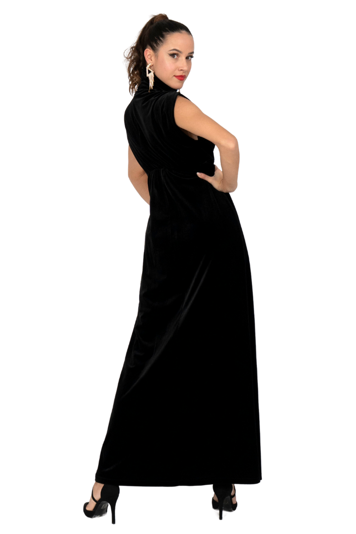 Velvet High Neck Maxi Dress With Gatherings (S) (Dark Blue Velvet,Blac conDiva Velvet High Neck Maxi Dress With Gatherings (S) (Dark Blue Velvet,Blac conDiva
