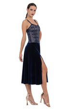 Load image into Gallery viewer, Velvet &amp; Lace Spaghetti Strap Flowy Tango Dress