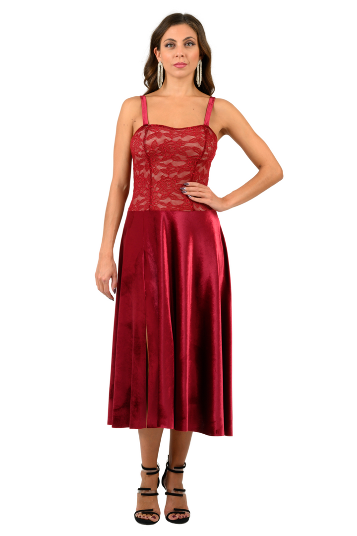 Velvet & Lace Spaghetti Strap Flowy Tango Dress