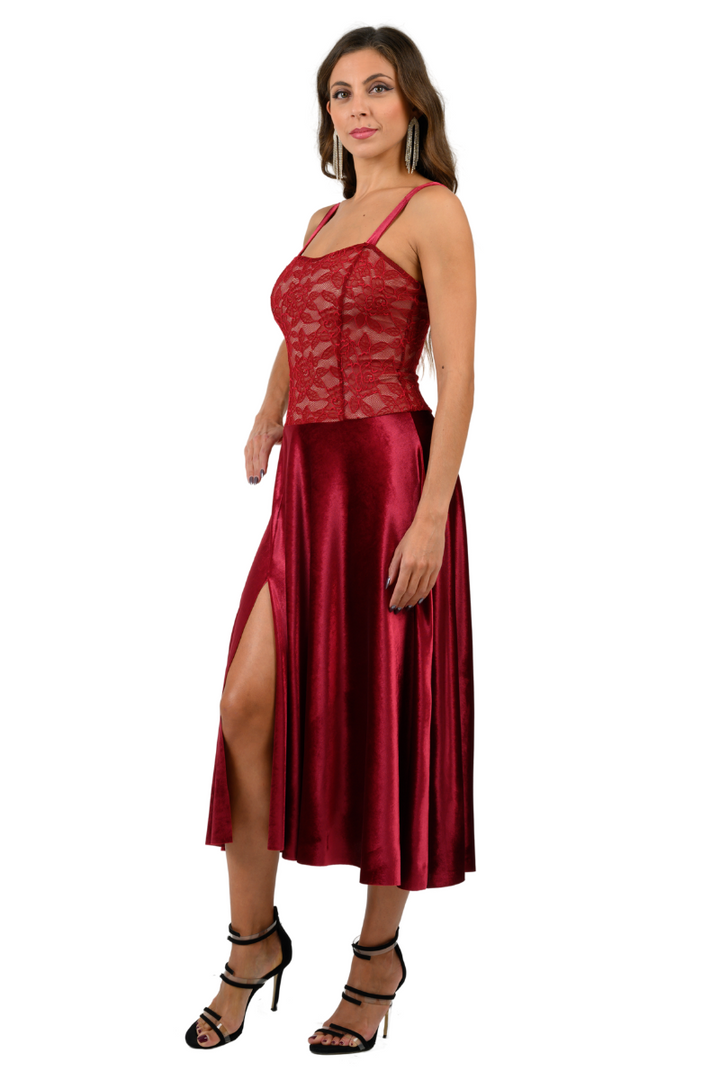 Velvet & Lace Spaghetti Strap Flowy Tango Dress