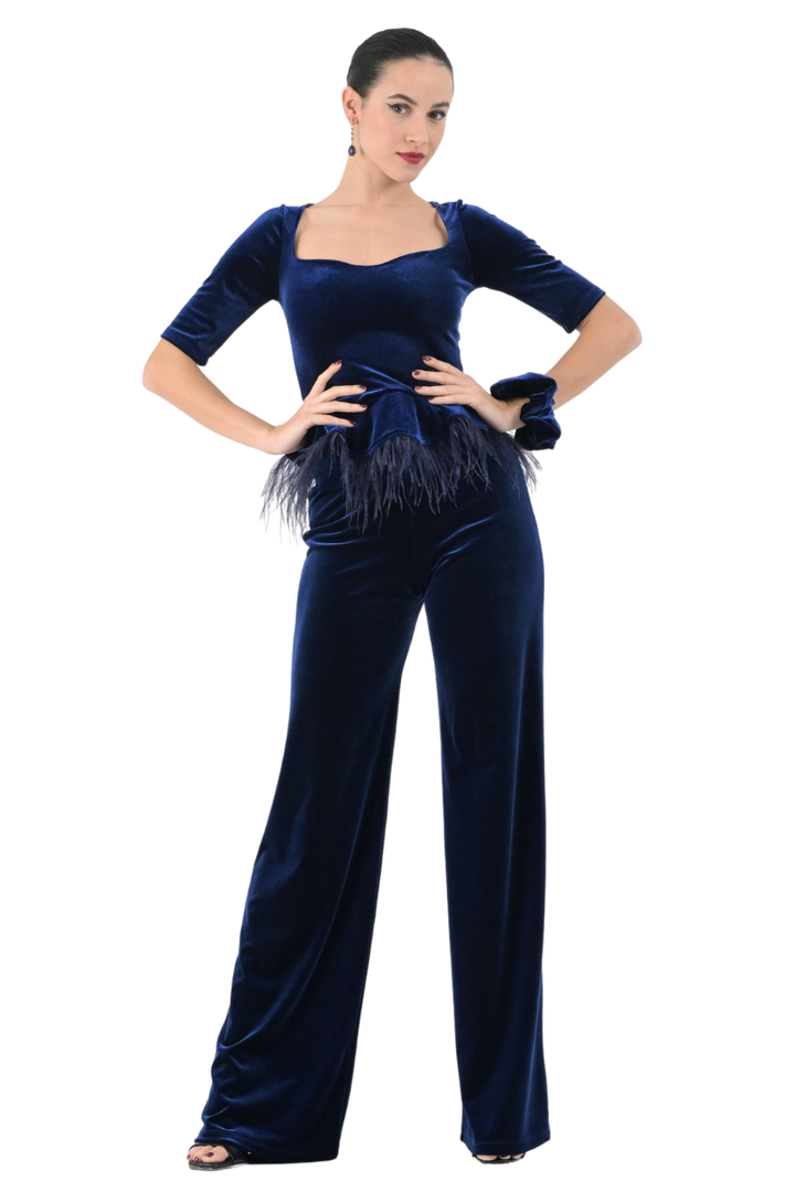 Velvet Peplum Top With Feathers