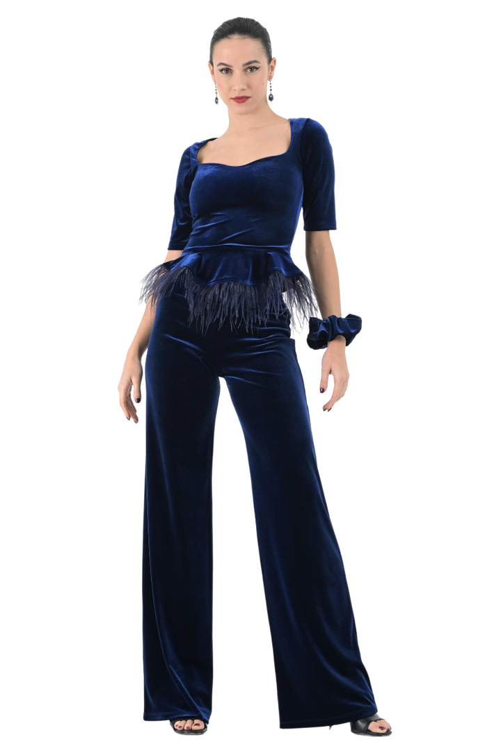 Velvet Peplum Top With Feathers