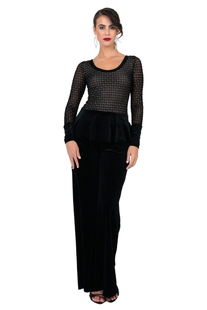 Velvet Peplum Top with Sparkling Mesh