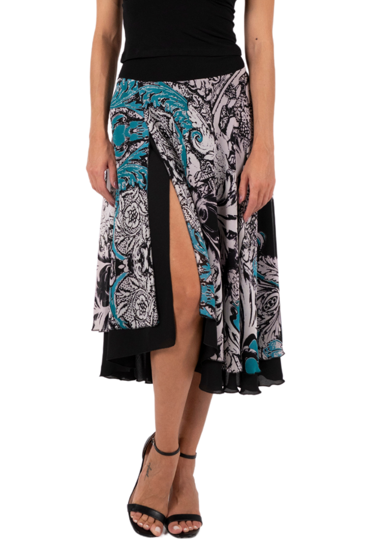 Petrol Blue Vintage Print Two-layer Dance Skirt