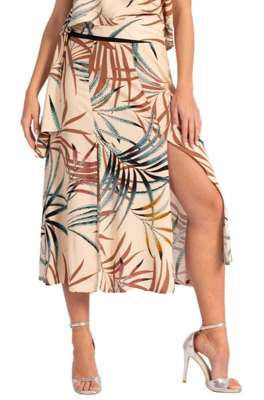 Waist Knot Beige Tropical Print Midi Skirt With Slits