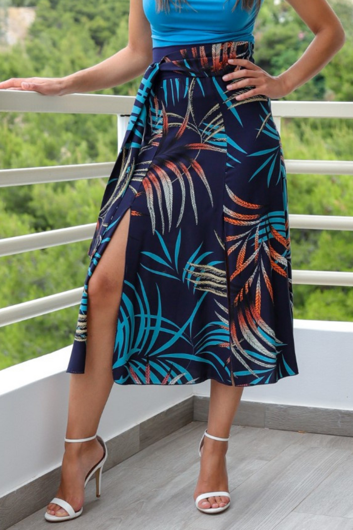 Waist Knot Dark Blue Tropical Print Midi Skirt With Slits