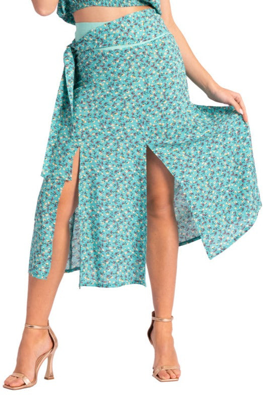 Waist Knot Veraman Floral Print Midi Skirt With Slits