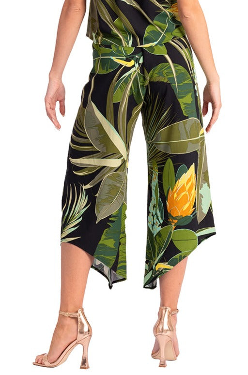 Waist Tie Tropical Print Asymmetric Cropped Tango Pants 
