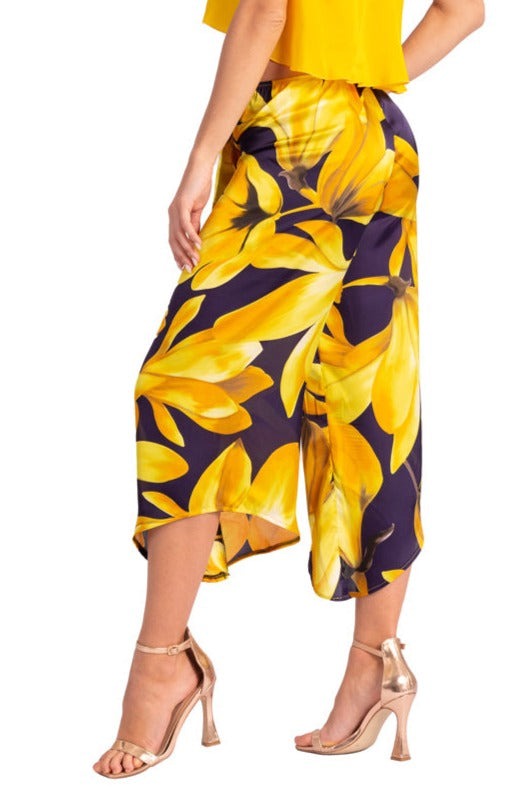 Waist Tie Yellow Floral Print Asymmetric Cropped Tango Pants (XS,S,M,L)