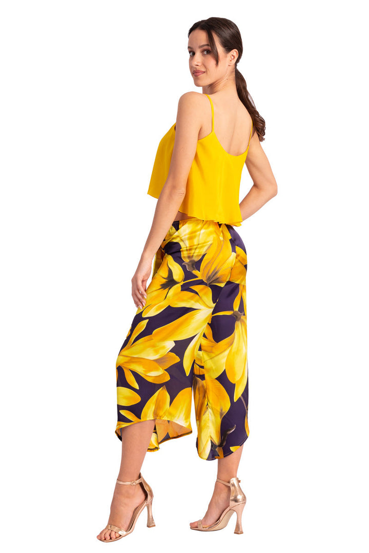 Waist Tie Yellow Floral Print Asymmetric Cropped Tango Pants (XS,S,M,L)