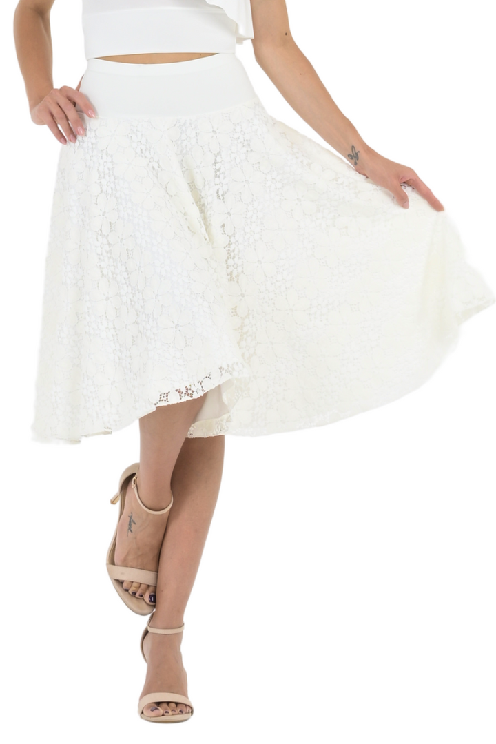 White Floral Lace Full Swing Midi Skirt