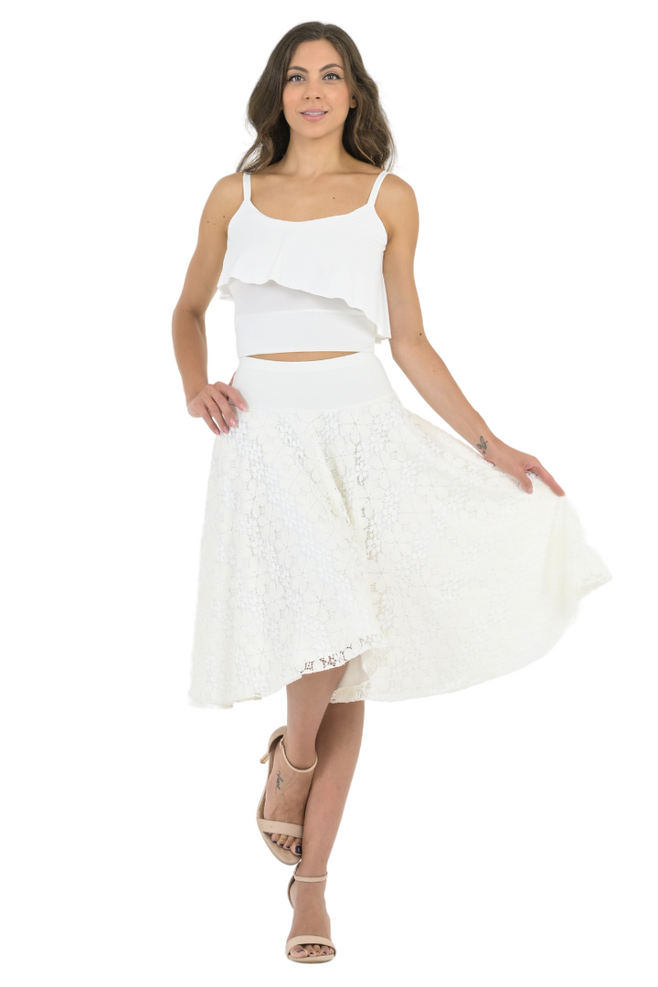 White Floral Lace Full Swing Midi Skirt