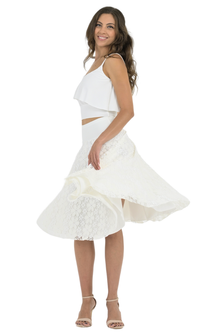 White Floral Lace Full Swing Midi Skirt