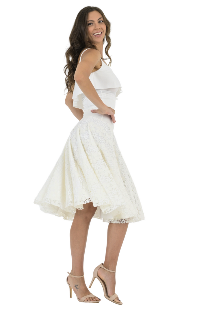 White Floral Lace Full Swing Midi Skirt