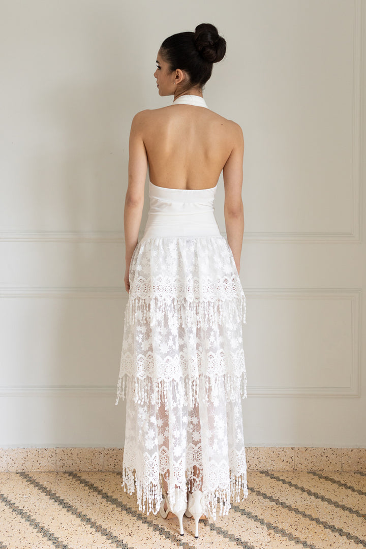 White Halter Neck Lace Tiered Skirt Outfit Wedding Tango Looks white-halter-neck-lace-tiered-skirt-outfit-wedding-tango-looks