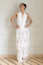 Load image into Gallery viewer, White Halter Neck &amp; Lace Tiered Skirt Set